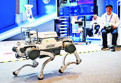  網(wǎng)絡(luò)安全博覽會(huì)上的企業(yè)展示電網(wǎng)巡線機(jī)器狗。新華社記者 鄧華攝