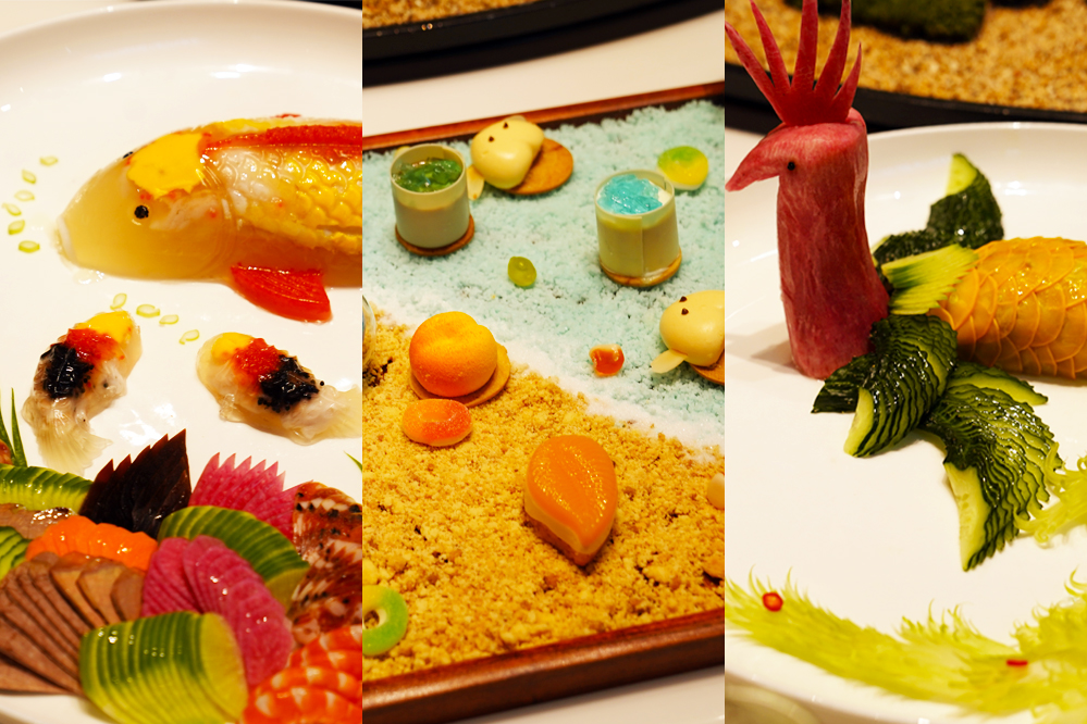 大觀樓長聯(lián)宴。從左至右依次為翠羽丹霞、四圍香稻、西翥靈儀。供圖 大觀樓長聯(lián)宴。從左至右依次為翠羽丹霞、四圍香稻、西翥靈儀。供圖